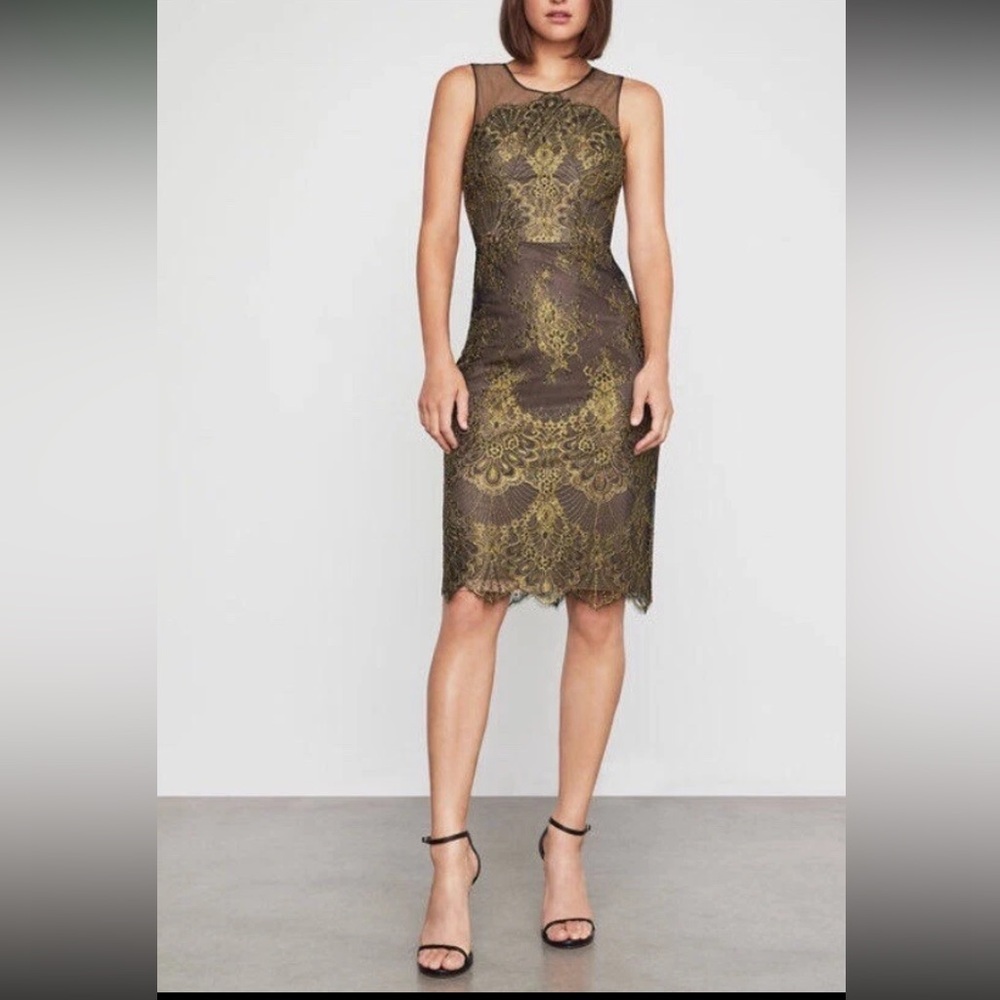 BCBGMaxazria Metallic Gold & Black Lined Lace Dress- Size 0